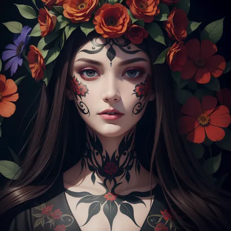 floral, background, sinister, symmetrical, painted-face, fantasy, oil on canvas, color, palette, 8k, hyper-realistic