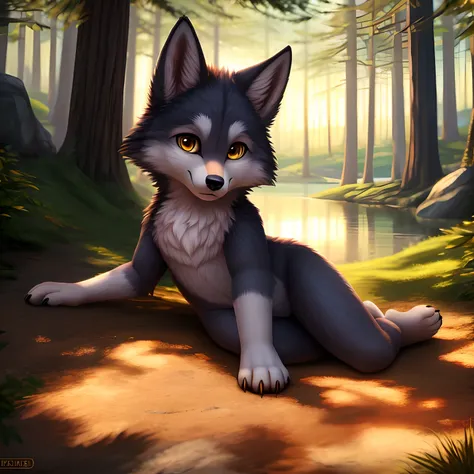 uploaded on e621, full body portrait of a (anthro:1.0) (loli:0.8) (cub:1.2) (wolf girl:1.2) with a big head and small body, BREAK fur markings, paws, grey fur, fluffy, wolf tail and ears, flat chest, looking at viewer, featureless crotch, tufts of fur, fea...