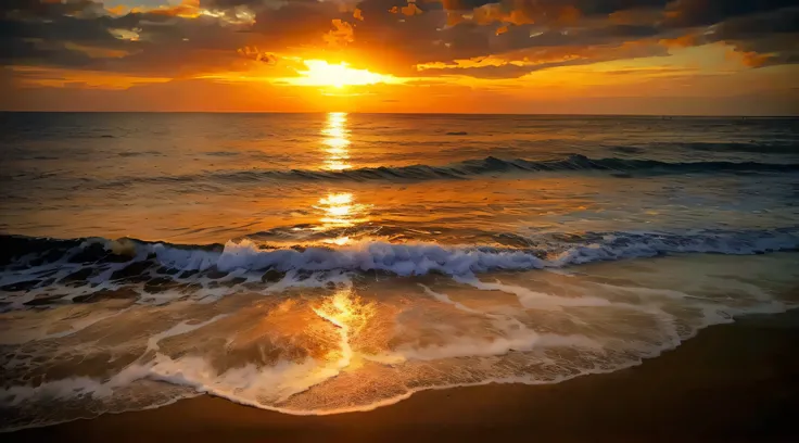 Absolutely mesmerizing sunset on the beach with a mix of oranges, pinks and yellows in the sky. The water is crystal clear, gently kissing the shore, and the white sand is endless. The scenes are action-packed and breathtaking, with seagulls soaring high i...