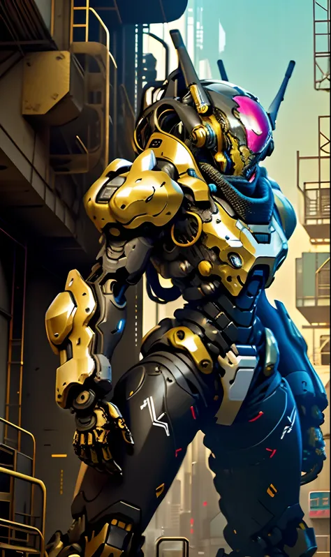 1 woman inside a huge bulky exoskeleton  robot  , ((bulky)) armor,  mecha, psychedelic details,
9d,(city war background), clean lines,  negative space, high contrast, gradient color, (golden black)