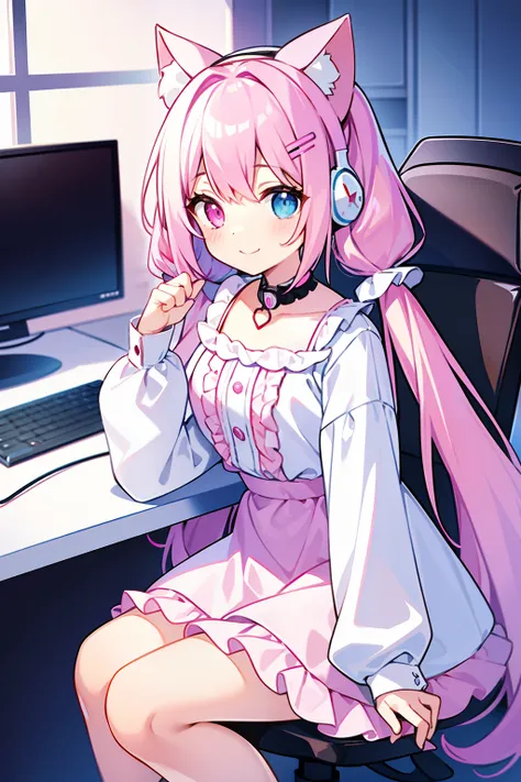 masterpiece, best quality, 1girl, solo, light purple hair, long hair, twintails, Heterochromia, ((pink right eye)), ((light blue left eye)), cute dress, long sleeves, frilled, smiling, looking at viewer, a white rabbit hair pin, ((cat ear gaming headset)),...