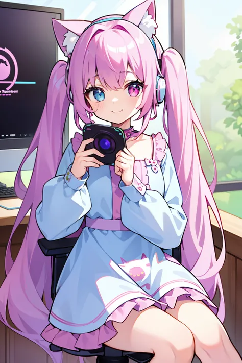 masterpiece, best quality, 1girl, solo, light purple hair, long hair, twintails, Heterochromia, ((pink right eye)), ((light blue left eye)), cute dress, long sleeves, frilled, smiling, looking at viewer, a white rabbit hair pin, ((cat ear gaming headset)),...