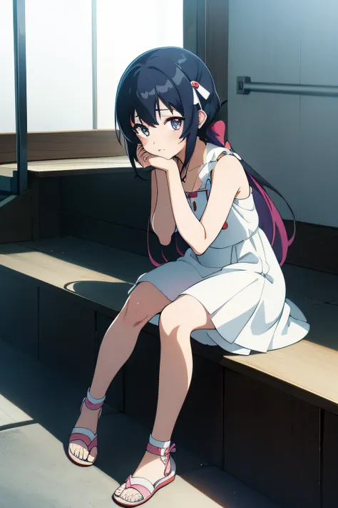 anime girl sitting on stairs with her hand on her chin, bakemonogatari, anime girl named lucy, rin, anime style”, loli in dress, nico wearing a white dress, anime still, in ryuuou no oshigoto art style, style of madhouse anime, rei hiroe, inspired by Puru,...