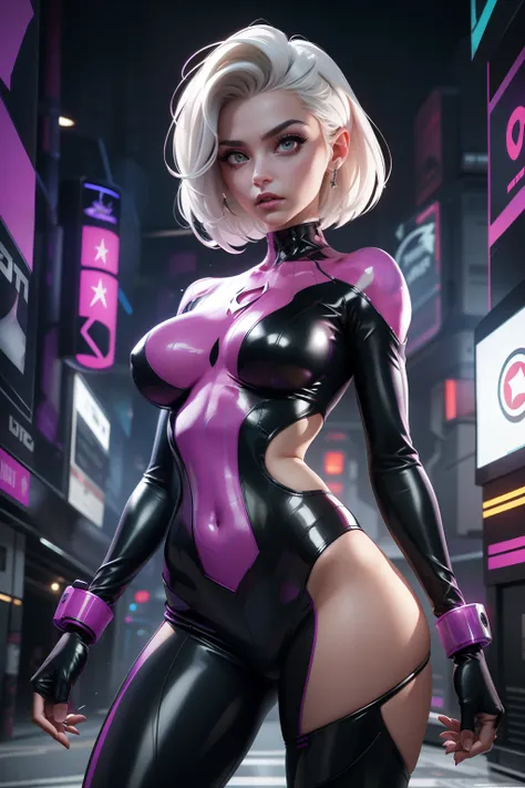 full body picture Unreal Engine 5 8K UHD of beautiful woman，with short white hair，Wearing black and white tight futuristic latex spider woman cosplay，Latex swimwear，Cover little swimwear，latex glove，Wear purple glass，耳Nipple Ring，Piercing of lips Perforate...