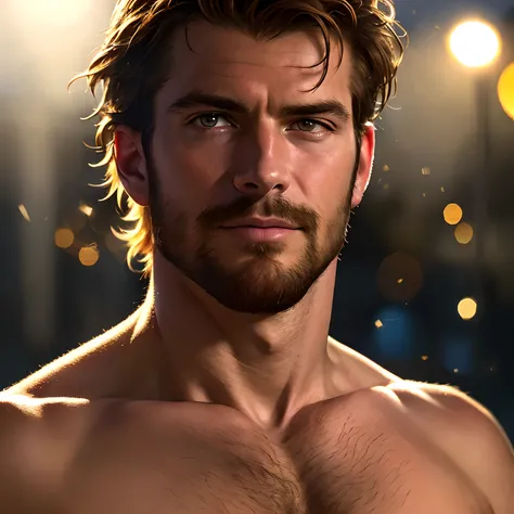 masterpiece, best quality, close-up portait, handsome shirtless scruffy daddy, (bokeh), realistic, dramatic lighting, atmospheric, intricate detail