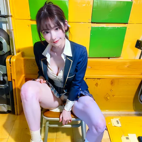 Top Quality, Photorealistic, 8K, High Definition, 1 Girl, Female, (1.8), School, Schoolgirl, Blazer, Uniform, Pubic hair visible, No panties, Skirt boldly pulled up, ((Sit in chair and legs wide open)), Bend your knees and open your legs, Slightly shorter ...