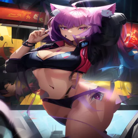 tmasterpiece，HighestQuali，Full-color digital rendering，one-girl，blue-sky，A pink-haired，red color eyes，face to the viewer，full bodyesbian，Energetic girl，ssmile ，Be red in the face，cat ear，Purple-black headphones，Anime style，adolable，long whitr hair