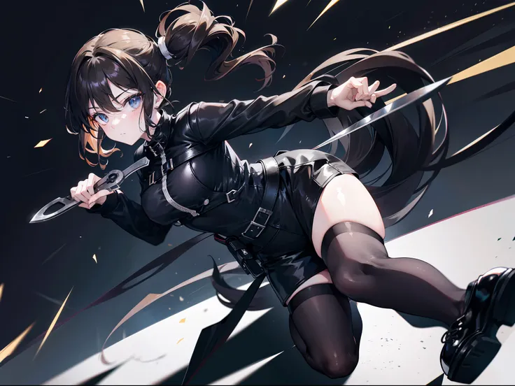 Brunette beauty，Comb high ponytail，curlies，long whitr hair，Wearing black tights，Black  shorts，Black leather shoes，One hand holds a short knife，Run in a dark city，The speed is so fast that there is an afterimage，black lence stockings