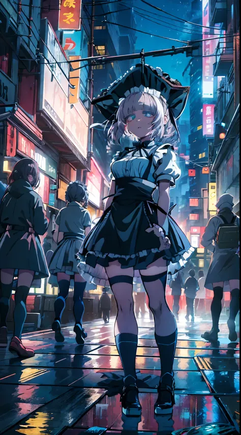 night, colorful cyberpunk city background, rain, street, maid girl, nazuna nanakusa,yofukashi no uta, blue eyes, shining eyes, b...