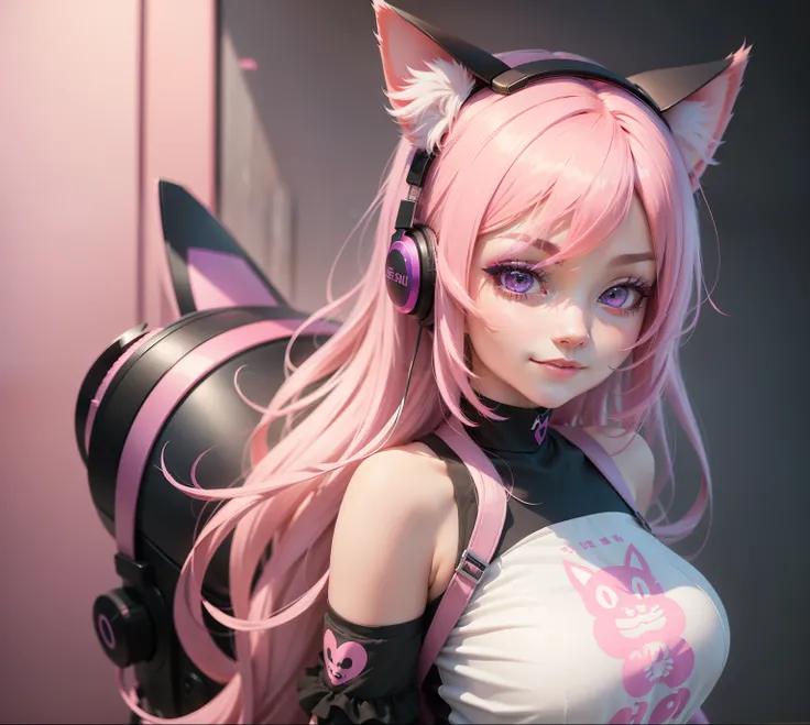 This is a cute girl，Has pink hair、Pink eyes with love and cat ears inside，Be red in the face，With black and purple headphones，The whole body exudes a refined and high-quality artistic atmosphere，Smiling，Comes with a pastel background，Full-color digital ren...