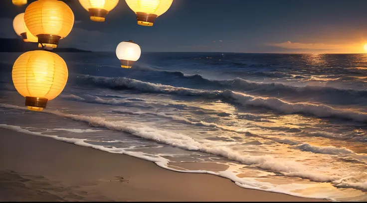 (moonlit night),(on the beach,crashing waves),(dramatic lighting),(silhouettes),(sparkling sand),(peaceful and relaxing atmosphere), 100s of Chinese lanterns, lots of Chinese beautiful colourful lanterns, huge moon