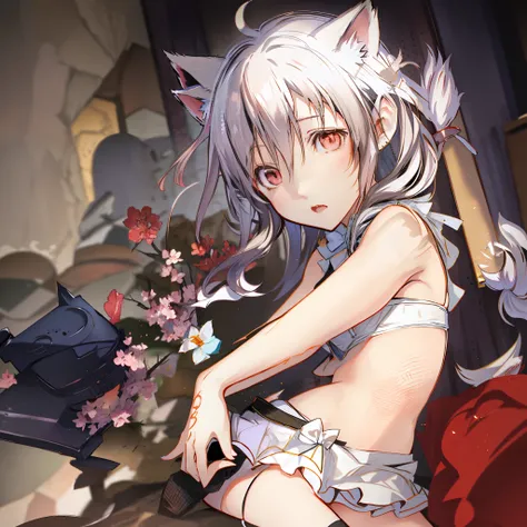 Cute loli，Beth，cat ear，White hair，red eyes，teardrop，a cat tail，Beth