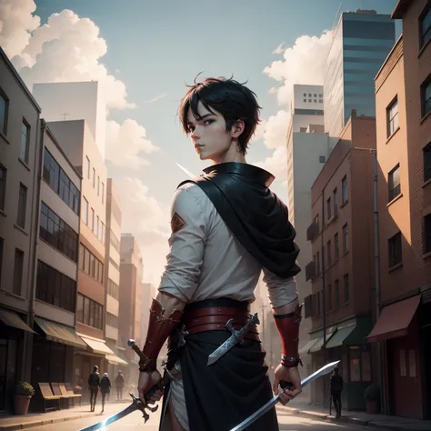 Anime boy with a sword and the background is a city