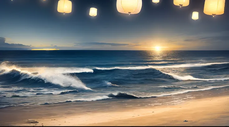 (moonlit night),(on the beach,crashing waves),(dramatic lighting),(silhouettes),(sparkling sand),(peaceful and relaxing atmosphere), 100s of paper lanterns, lots of paper beautiful lanterns, huge moon