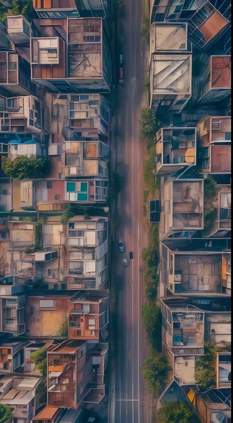 cidade abandonada, com cores neutras, foggy，greenery crawls over abandoned city buildings, cinema shot, complex urban background...