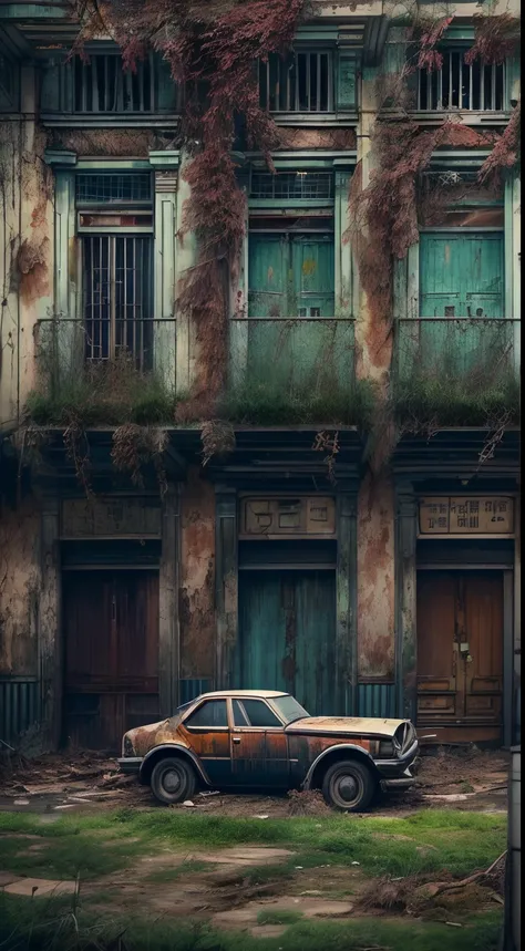 Cidade abandonada, com cores neutras, Foggy，Greenery crawls over abandoned city buildings, cinema shot, Complex urban background,Silently，shadowy， Dappled walls，Rusty street buildings，traffic light，Running wild deer, Abandoned rusty car, Dilapidated shop, ...