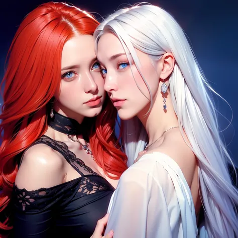 Woman with red hair and orange eyes with a man with medium white hair and blue eyes