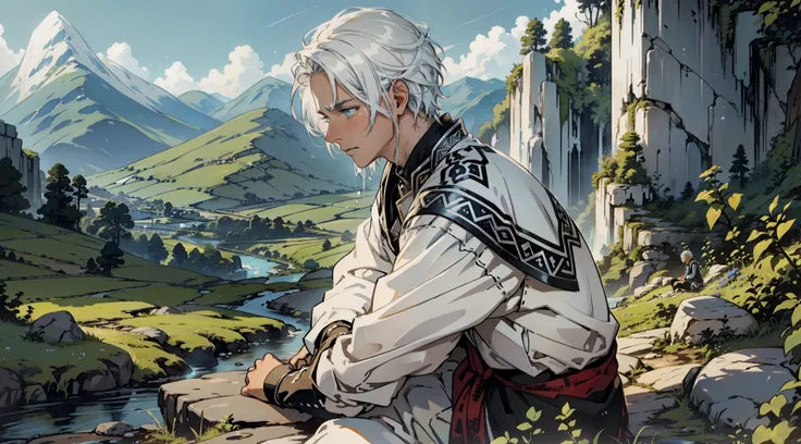 Close-up, young man with white hair and blue eyes sitting on a rock and crying,  a valley in background, Tears on the cheeks