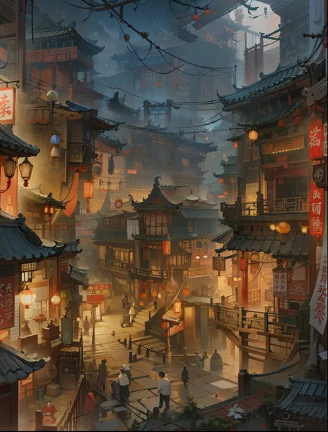 the night，bustling street，chinese architecture，ancientry，