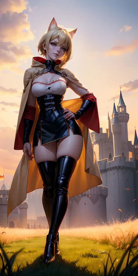 female thief with short blonde hair beige pants black boots white corset catbell coller and red cloak one hand on her hip the other lifted up near her face, blonde cat ears, blonde cat tail, yellow cat eyes, cat claws, smirking, (grassy field in front of m...