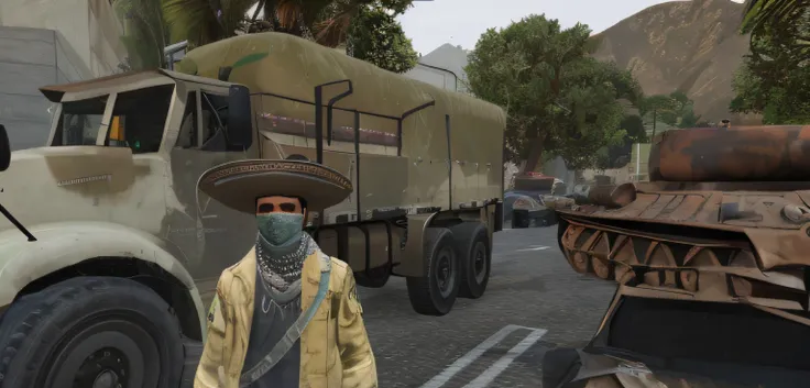 Theres a man standing in front of a truck with a hat on, Estilo de GTA V, Muitos NPCs nas ruas, gta5 estilo, em gta v, gta v street style, gta v personagem, Impasse mexicano, gta v estilo, in - jogo, no jogo, O Mandaloriano em GTA v, Screenshot of GTA V MI...