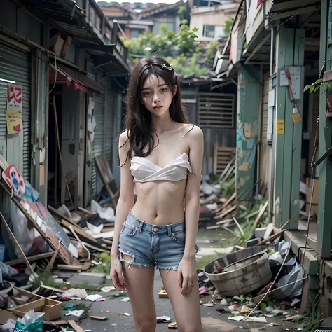 abandoned building，Garbage all over the ground，Devastated，Dilapidated，Sexy standing pose，full-body portraits（1：1），18 years old korean beauty，(Slender and slender figure)，Skinny，As thin as a whipping post，Smaller bust，(((Random nudity all over the body)))，e...