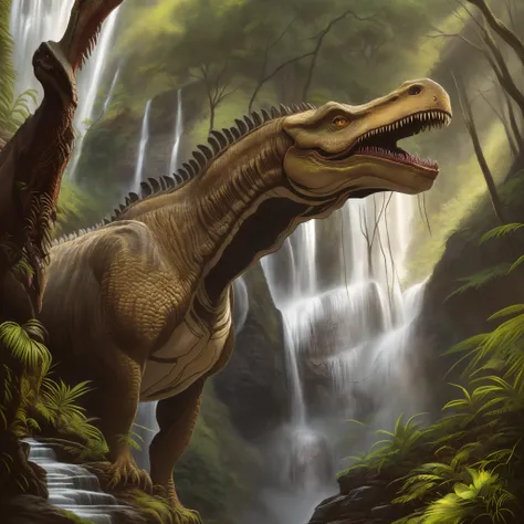 a close up of a dinosaur in a forest with a waterfall, inspired by Bob Eggleton, digital painting highly detailed, highly detailed digital painting, jurassic image, very detailed digital painting, background artwork, spinosaurus, inspired by Adam Rex, alos...