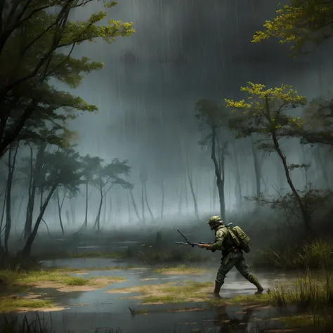 Freshwater color，Splash color，War in the swamp，Wear a faction costume，Rush towards enemy soldiers，Mist，Light rain