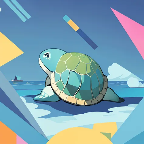 a closeup、Flat illustration、Geometric shapes、Colorful Rainbow 5、pop-art、sea turtle