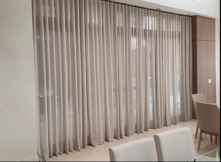 There is a dining table with chairs and a glass table, sombreamento premiado, cortinas bonitas, Cortinas, Drapeja, tecidos puros, cortina, com pano de fundo de luz natural, ethereal curtain, New contemporary, fino, totalmente coberto de cortinas, Sombra su...