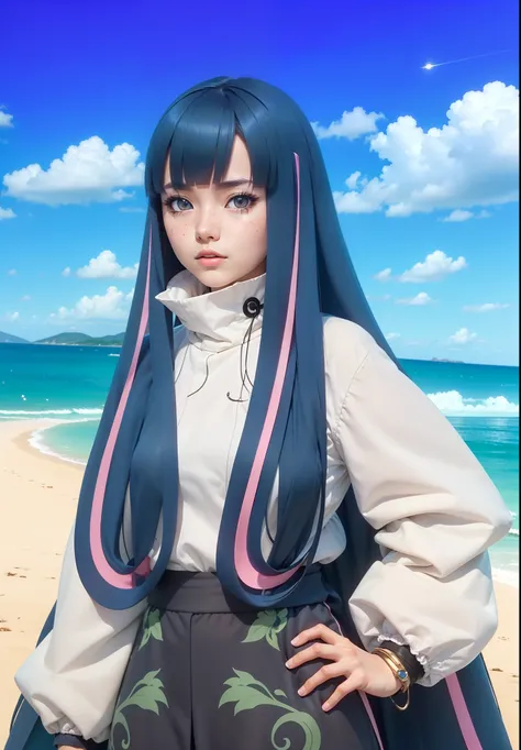 A real Life adaption of this character,her name is Eida from anime boruto ,hyper realistic ,very detailed hair, high resolution, photorealistic, Japanese girl teen ,very detailed,The pupils of the eyes are sparkling blue in the shape of a crescent moon