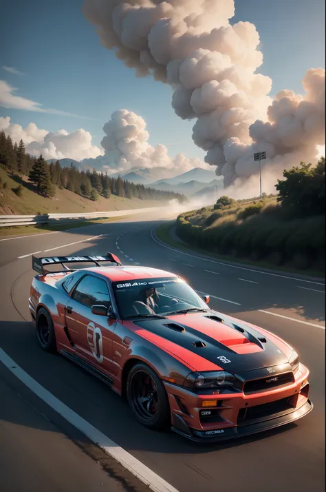 Race between old car a GTR-Skyline and a Supra and a girl waving the starting flag , smoke coming out of the tires, anime, realista, 4k , epico ,fim de tarde