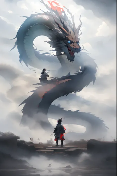 chinesedragon, dragon, letterboxed, holding, outdoors, bird, standing, cloud, 1boy, weapon, from behind, sky, cloudy sky, animal, holding weapon, eastern dragon, monster, 1other, hat, fog