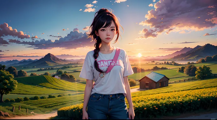 1girl, (Sketch:1.2),  anime key visual,  landscape of a Rude Rural area, at Sunrise, Happy, Vaporwave Art, Rembrandt lighting, extremely detailed CG Unity 8k wallpaper