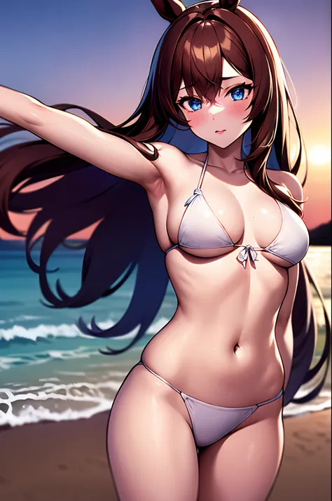 ​masterpiece, Best Quality，{{{{{Photo of 1 girl}}}}}，top-quality，{{{Mihono BourbonUmamusume}}}，{{{horse ear}}}，long brown hair，red blush，Blue eyes，Normal breasts，White bikini，{{{White Bikini}}}，{{Very long bikini frills in white color}}}，{{{the beach}}}，Be...