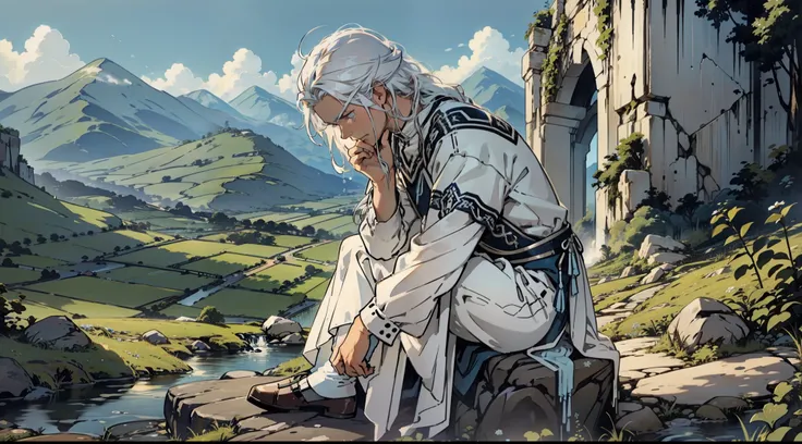 Close-up, young man with long white hair and blue eyes sitting on a rock and crying,  a valley in background, Tears on the cheeks, he is very sad