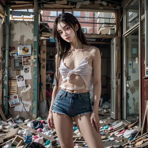 abandoned building，Garbage all over the ground，Devastated，Dilapidated，Sexy standing pose，full-body portraits（1：1），18 years old korean beauty，(Slender and slender figure)，Skinny，As thin as a whipping post，Smaller bust，(((Nudity all over)))，((Wearing a naked...