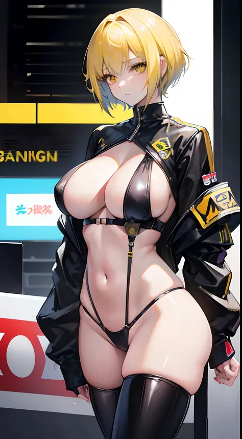 1人の女性,Long legs, Long hair, Cream yellow short cut hair, Cyberpunk, depth of fields, Blurred background, thong, nakeness, Big breasts, cleavage, Sexy、Race Queen、Drag racing