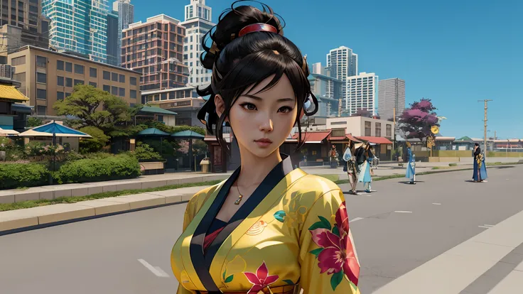 there is a woman in a yellow kimono standing on the street, ross tran style, katana zero video game character, realistic anime 3 d style, ross tran 8 k, beautiful digital artwork, stunning character art, alena aenami and artgerm, akihiko yoshida. unreal en...