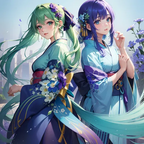 (Beautifully Aesthetic:1.2)、(1girl in:1.3)、(Blue and green gradient hair:1.2)、Wearing a colorful kimono of blue and purple、Dayflower is blooming、zori、Fantastical、Serenade、