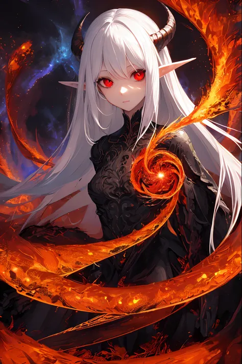 masterpiece, best quality, ultra-detailed, absurdres, colorful, 1girl, solo, (solid red eyes:1.0), (white hair, long hair, straight hair, hair over one eye:1.0), detailed eyes, wide-eyed, eyelashes, (upper body:0.8), monster girl, side view, glowing eyes, ...