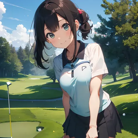 masutepiece, Best Quality, 8K_Wallpaper, (Beautiful eyes), ((Cute)), Cute, (lovely), (Golf course on a sunny day),1girl in,small tits,1 schoolgirl,Standing Girl,Smile,facial close-up、portlate(((Playing golf)))、(((putting on the green)))、((Golf Wear))、