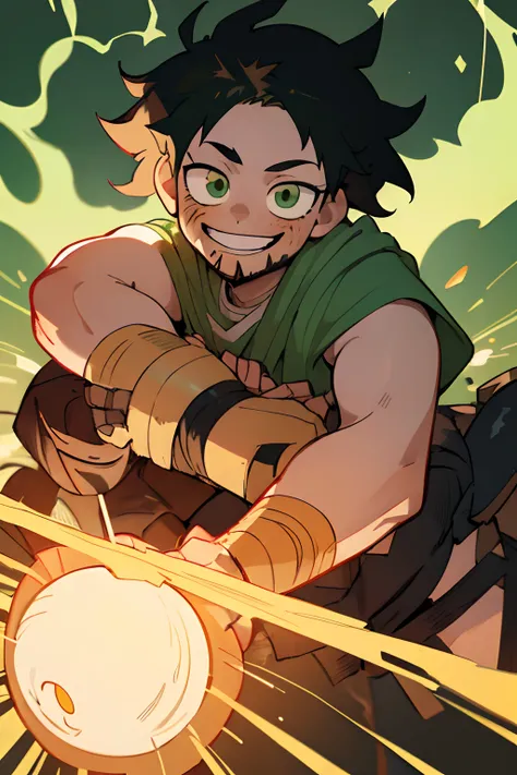 (best quality, masterpiece), 1boy, boku no hero academia, dark hair, messy hair, tired, smiling, green eyes, determination, heroic, light beard