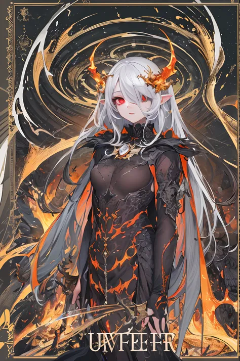 masterpiece, best quality, ultra-detailed, absurdres, colorful, 1girl, solo, (solid red eyes:1.0), (white hair, long hair, straight hair, hair over one eye:1.0), detailed eyes, wide-eyed, eyelashes, (upper body:0.8), monster girl, side view, glowing eyes, ...