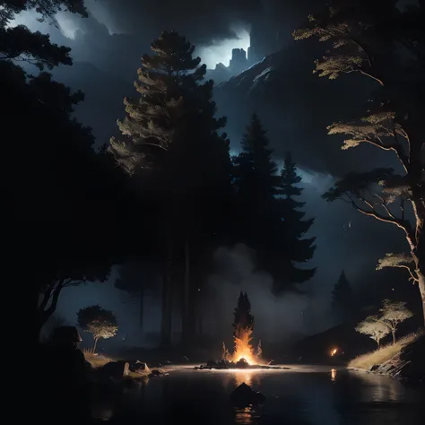 Masterpiece, best quality, (very detailed CG unity 8k wallpaper), (best quality), (best illustration), (best shadows), glow sprite, with a glowing deer, in the swimming pool Drinking water, natural elements in the forest theme. Mysterious forest, beautiful...