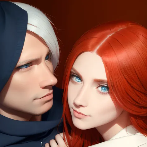 Couple 1 Woman with red hair and orange eyes with 1 man with medium white hair and blue eyes and