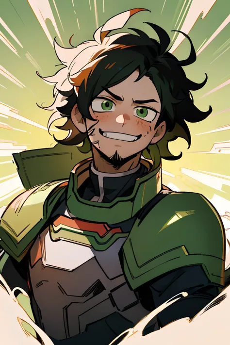 (best quality, masterpiece), 1boy, boku no hero academia, very dark hair, messy hair, tired, smiling, green eyes, determination, heroic, light beard, messy hair