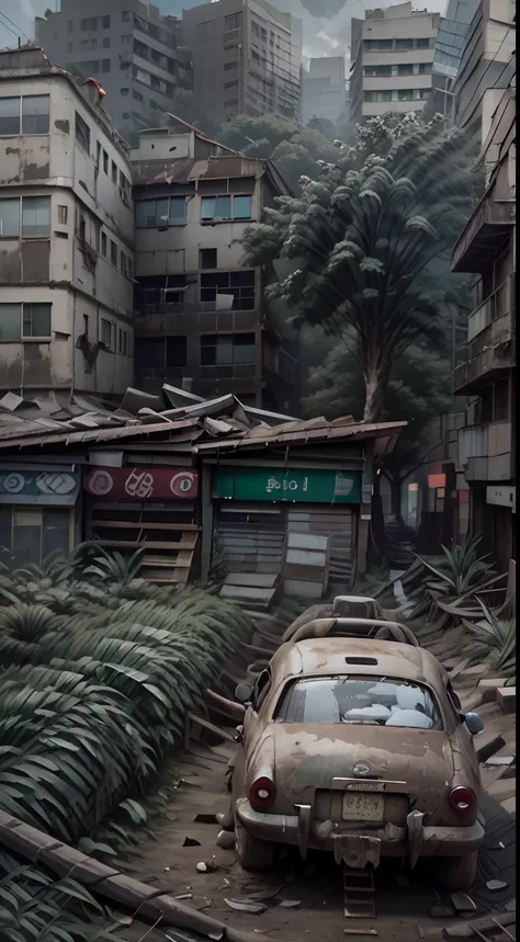 cidade abandonada, com cores neutras, thick fog，greenery crawls over abandoned city buildings, cinema shot, complex urban backgr...