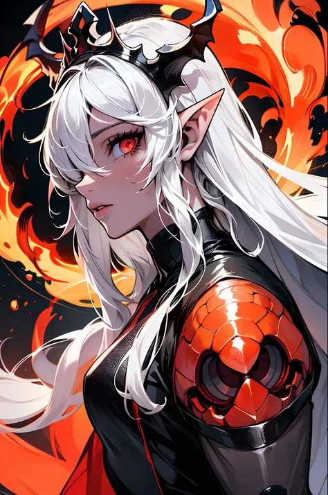 masterpiece, best quality, ultra-detailed, absurdres, colorful, 1girl, solo, (solid red eyes:1.0), (white hair, long hair, straight hair, hair over one eye:1.0), detailed eyes, wide-eyed, eyelashes, (upper body:0.8), monster girl, side view, glowing eyes, ...