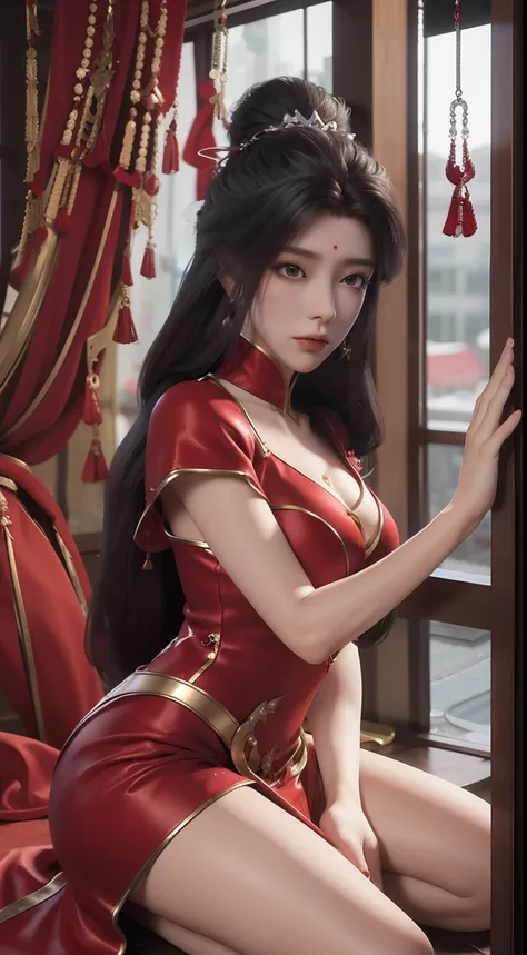 arad woman in red dress standing near the windowsill, cute anime waifu in a sexy dress, trending on cgstation, 8k high quality d...